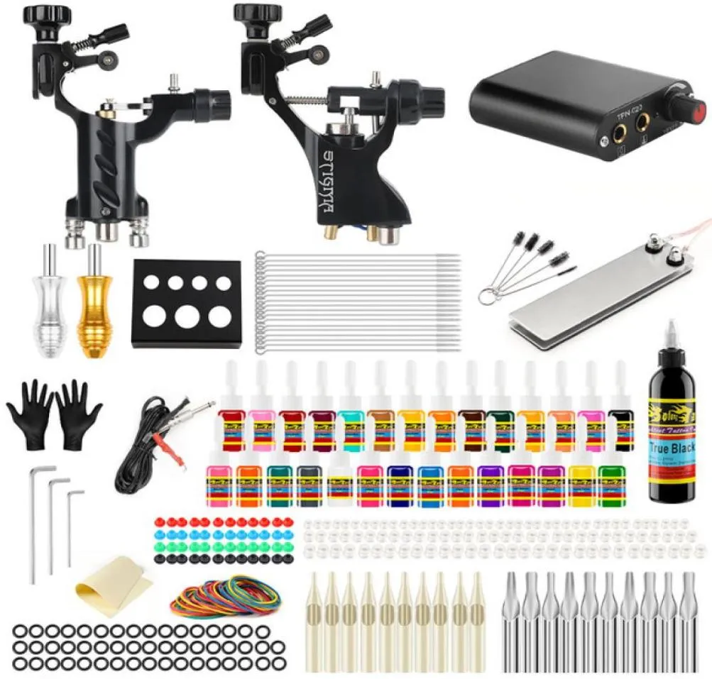 Nieuwe aankomst Tattoo Machine Kit Complete sets Roterende machines voor body art Color Inks Power Supply8340076