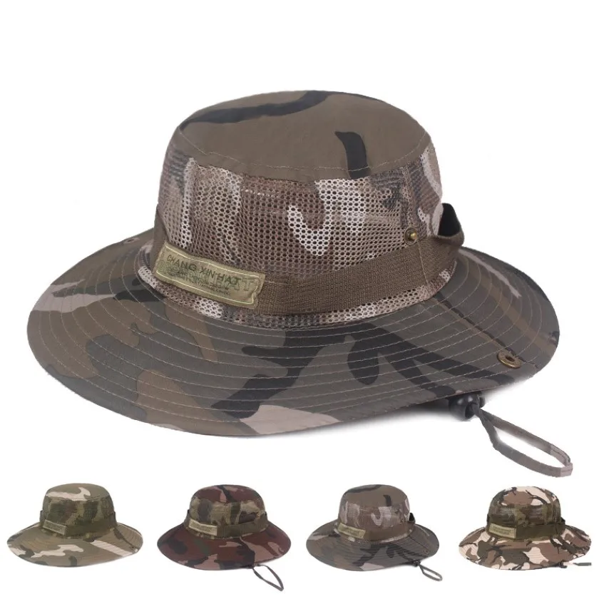 Camouflage Sun Hut und Mesh Hut für Männer Frauen Fischereidesign Safari Cap mit Sonnenschutz Unisex Bucket Outdoor Boone Hut 231h