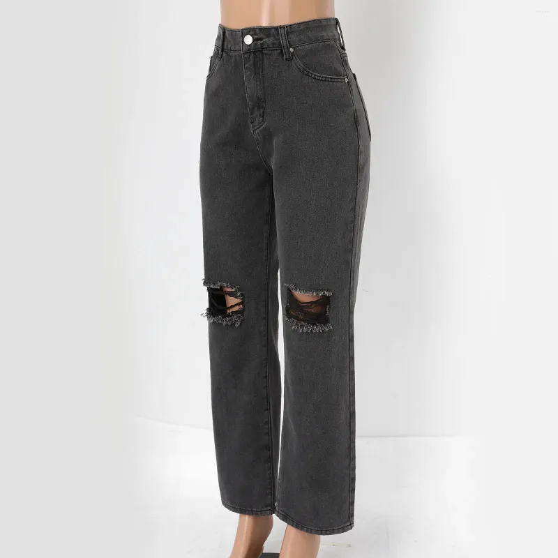 Kvinnors jeans hål denim knapp elastisk fick midja sommar kvinnor last byxor höga byxor lösa