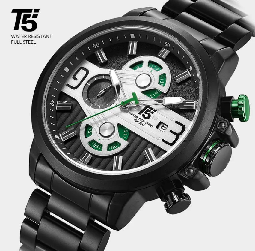 T5 Top Brand Luxury Rose Gold Black Quartz Chronograph Man Sport Sport Mens Watch Mens Relogio Masculino Wristwatch7915735