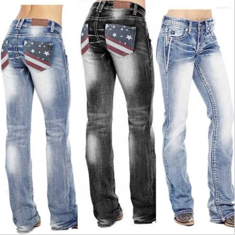 Kadın kot pantolon femme yüksek bel kıyafetleri Amerikan bayrağı streç yıkanmış bootcut anne ropa mujer vintage pantolon denim pantalon