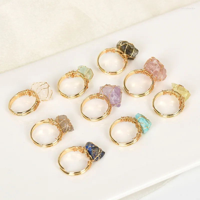 Ringos de cluster 1-2 cm de pedra natural anel irregular de geme mineral ametista rosa quartzo jóias de fluorite de tecido ajustável tecido de mão