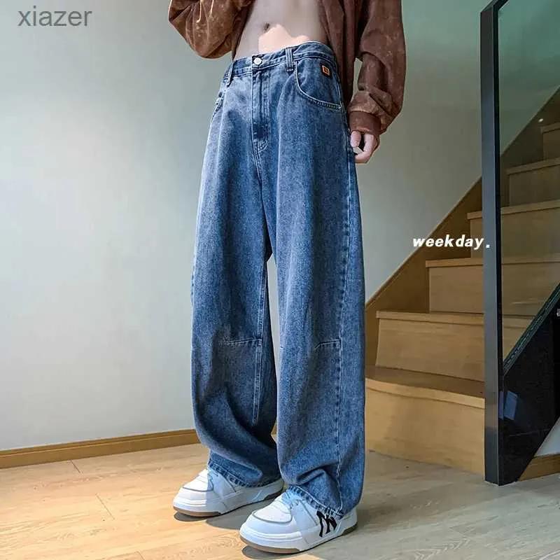 Jeans masculins 2023 Automne Nouveau Jeans Blue Loose Blue Fashion Coréenne Straiteur Baggy Pantalons de jambe Vintage Streetwear Hip Hop Pantalon plus taille 5xl WX