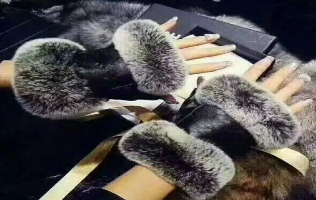 Skórzane rękawiczki Halffinger dla kobiet jesień i zimowe króliki futra polarowa skóra ciepła pięć palców rękawica 8004118