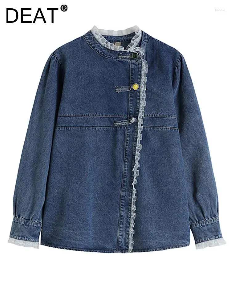 Women's Blouses Denim Shirt Loose Stand Collar Diagonal Buttons Patchwork Lace Long Sleev Blouse 2024 Autumn Fashion 29L1679