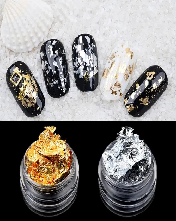 1Box ​​Gold Silver Nail Foil Nail Art Decorations Stickers Oregelbundna folier Klistermärke Papper 3D Glitter Flakes DIY Manicure4054007