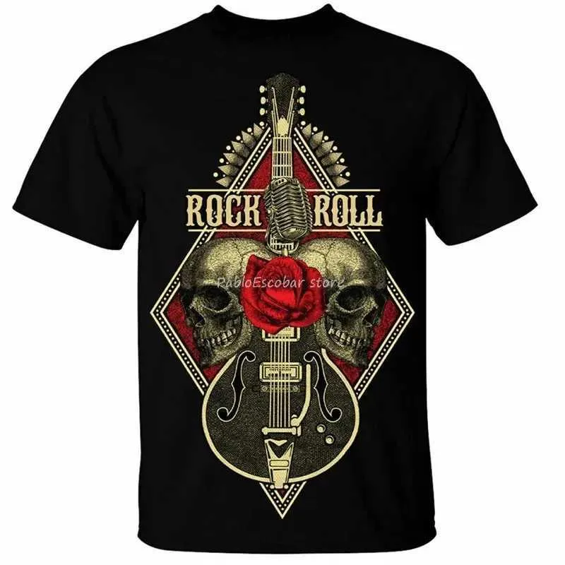 T-shirt maschile 2024 Maglietta da uomo in cotone rock n roll ghirt-shirt da uomo cranio band metal death pesante chitarrista di musica harajuku gust shirt t240425