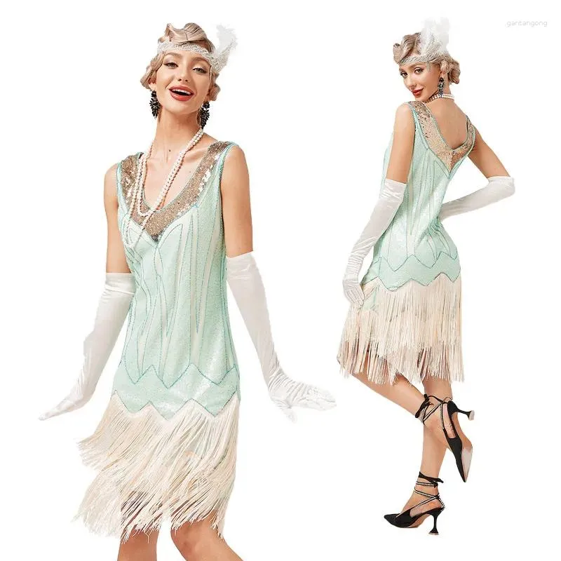 Casual Dresses Vintage 1920s Flapper V-Hals Dubbel Tassel Dress Great Gatsby Cosplay Costume Cocktail Party Charleston Dance Sequin Stud