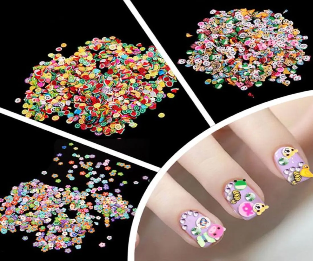 Whole1000 PiecesBag Fimo Clay 3 Series Fruit Flowers Animals DIY 3D Nail Art Decorations Nails Art Decoration Sticker Design6095309