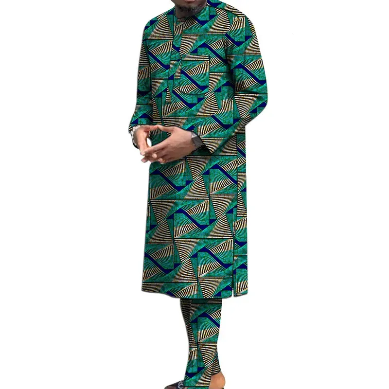 Impressão de poliéster nigeriana Mens de manga longa Camisa de manga longa Africana Tradicional Male HeddingParty Terno 240412