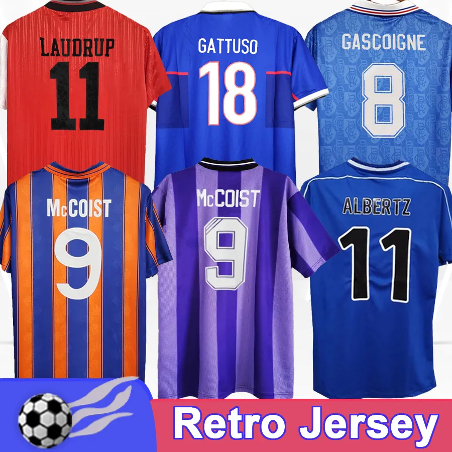 96 97 Laudrup Mens Soccer Jerseys Retro Albertz McCoist Gascoigne Gattuso Ferguson Home Away Football Shirt Uniforms à manches courtes