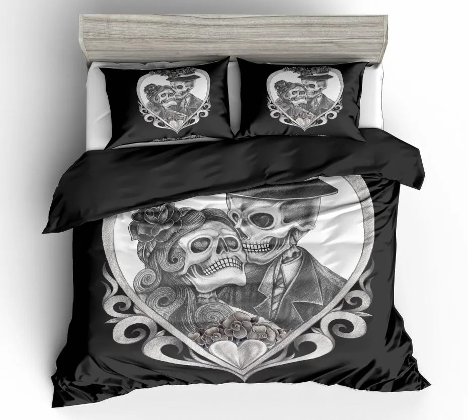 Black and White Skull Bedding Set King Size Love Flower Duvet Cover Queen Home Textile Printed Single Double Bed Set With Pillowca7979848