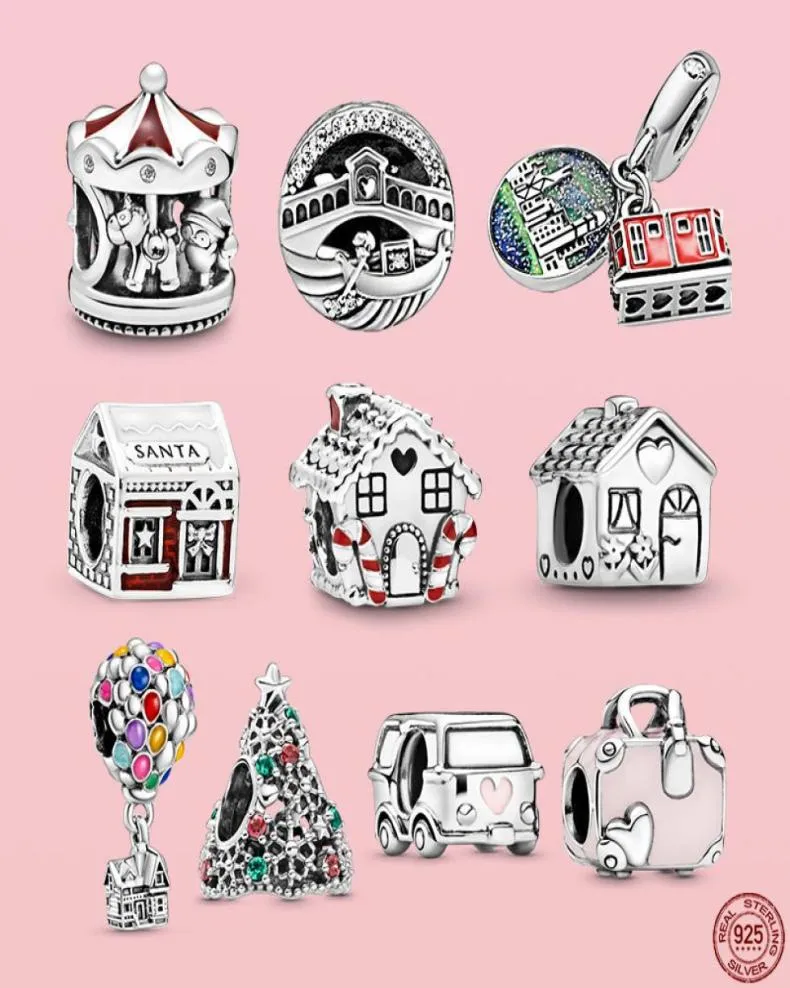 925 Silver Fit Charm 925 Bracelet Sparkling House Suitcase Car Charms Set Pendant Diy Fine Perles Jewelry2206679