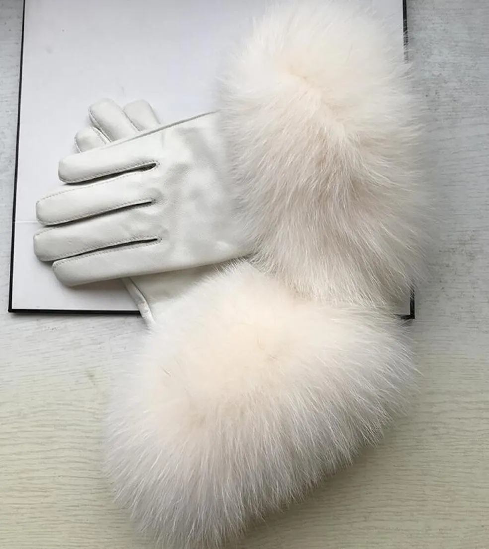 Femmes039s Naturel Big Fur Glove Glove en cuir authentique Lady039s chaude naturel en cuir de mouton plus taille blanche Glove de conduite R24516876135