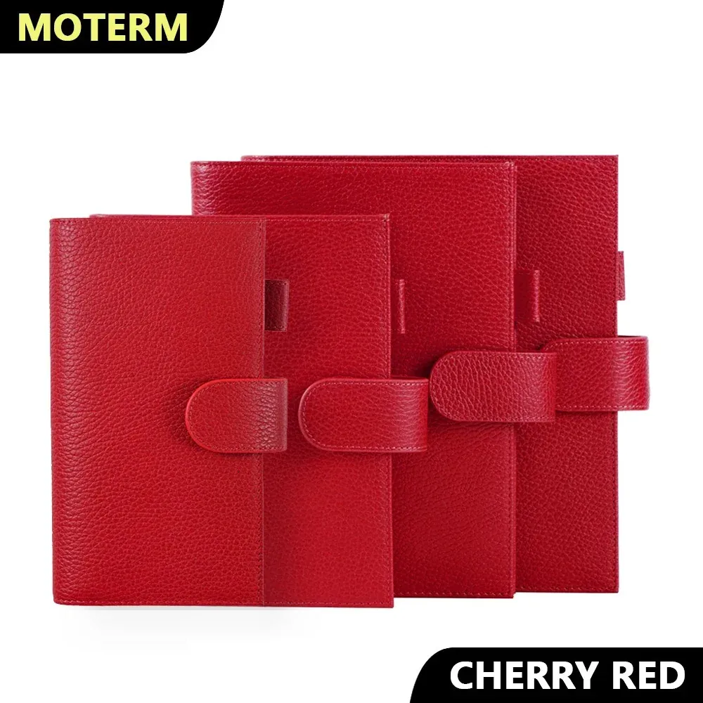 Moterm Firm Pebbled Grein Leather Cherry Red Color Genuine Cowhide Planner Rings Notebook Diário da capa Agenda Organizer Journey 240415