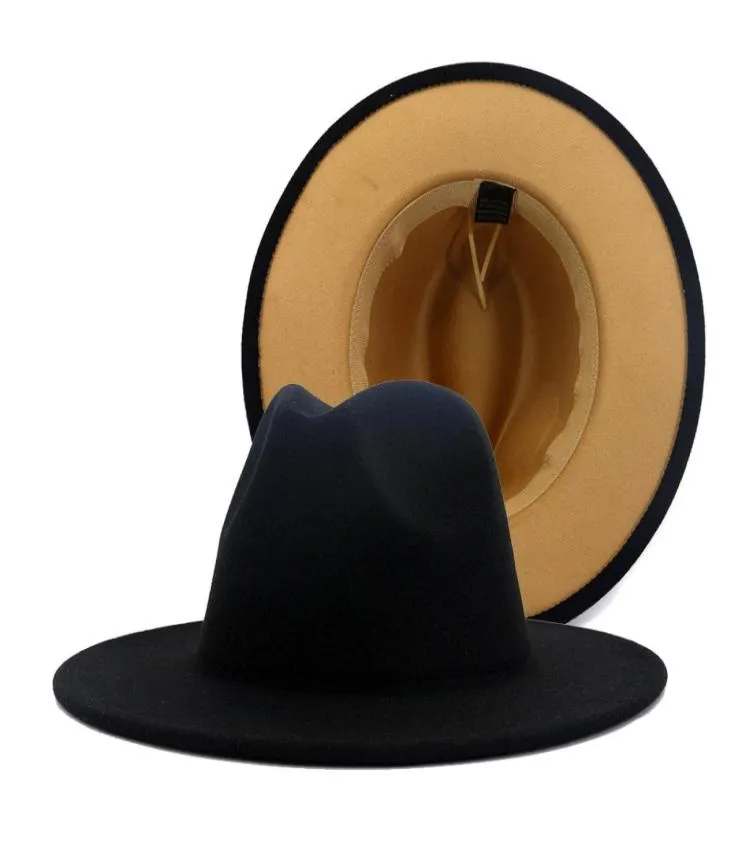 Black Tan Patchwork Faux Wool Felt Panama Fedora Hats Black Felt Band Decor Womens Men Jazz Party Trilby Cowboy Cap1278244