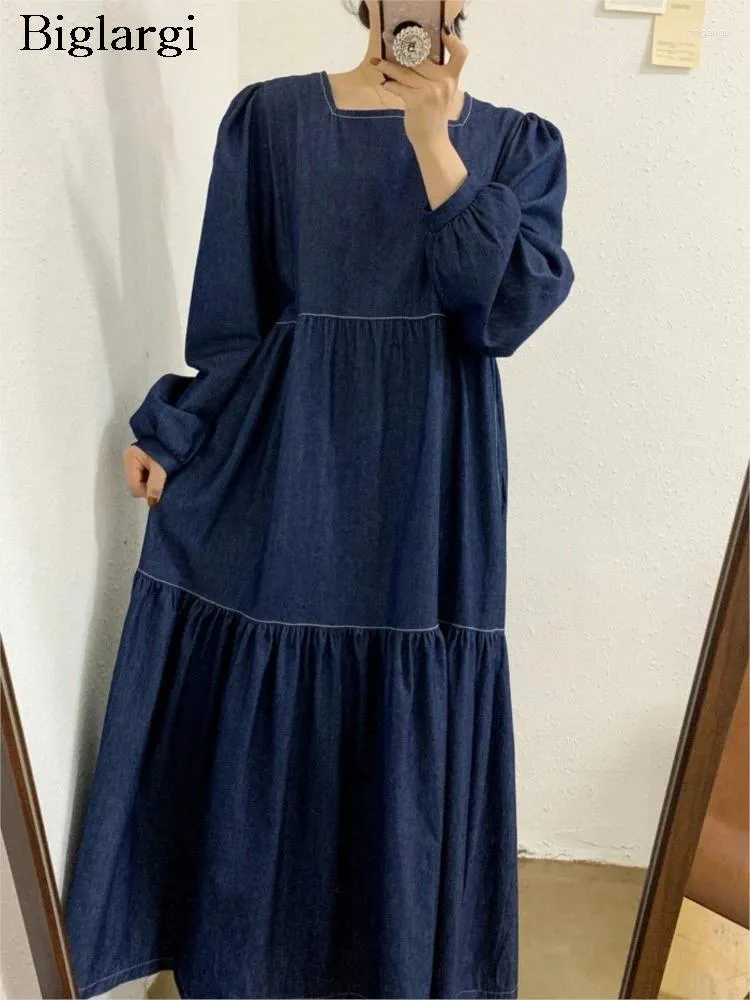 Casual Dresses Denim Spring Autumn Long Square Collar Dress Women Ruffle Pleated Korean Style Fashion Ladies Sleeve Woman