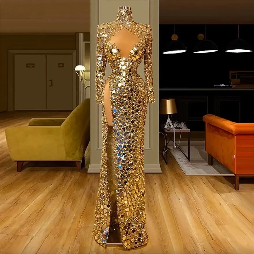 Funkelnde Gold -Pailletten Meerjungfrau Abendkleider 2024 hoher Hals Schlüssellochhal