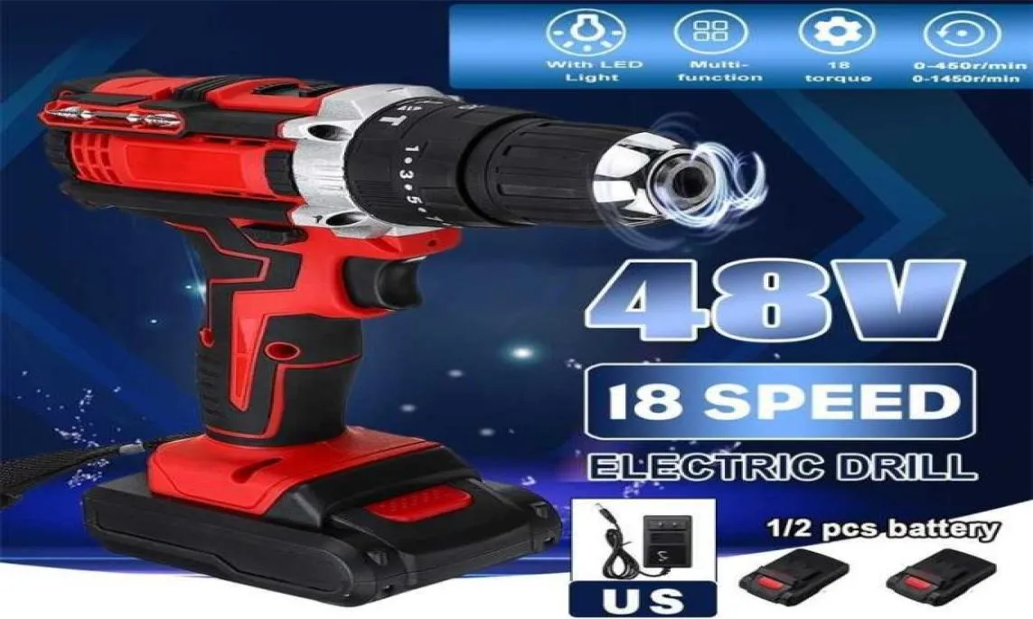 3 in 1 Cordless Electric Drill Screwdriver Hammer 18 Torque 48V Dual Speed Power Tools With 2 Battery 2012259953822