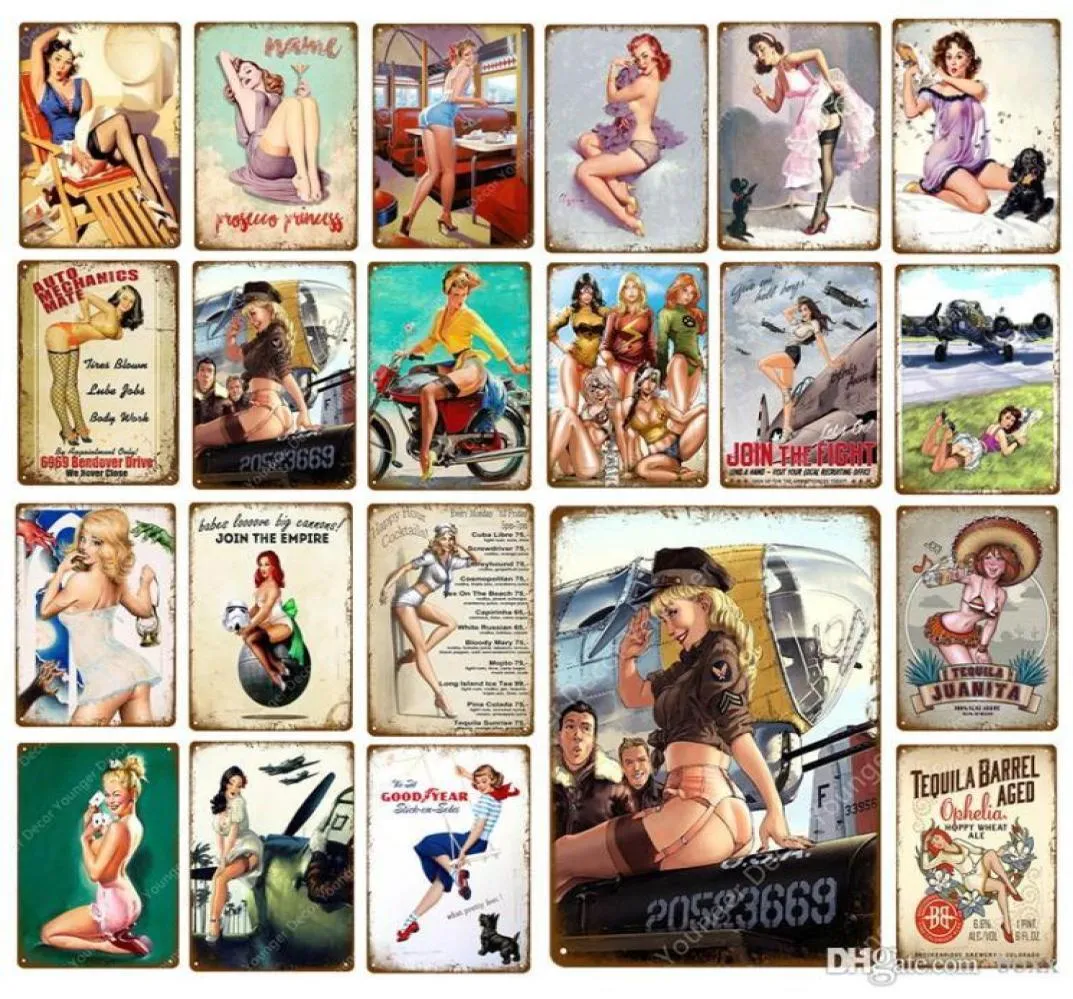 2021 Sexig Lady Car Motorcykelflygplan med pin up Girls Metal Tin Signs Vintage Poster Art Målning Craft Pub Bar Home Wall Decor6266655