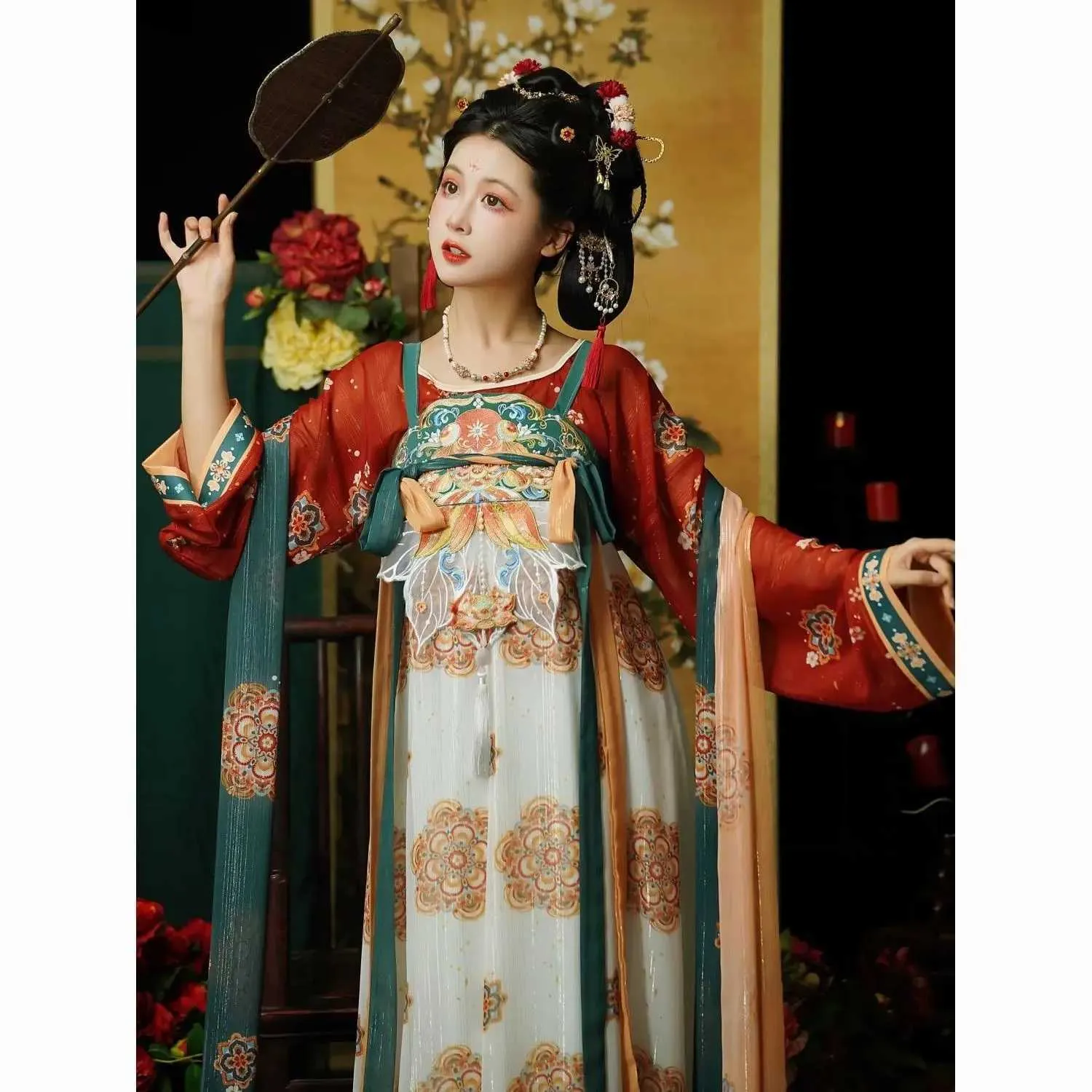 Roupas étnicas Red Bordado Hanfu Tradicional estilo chinês verão Verde camisa de manga grande diariamente Play Performance feminino