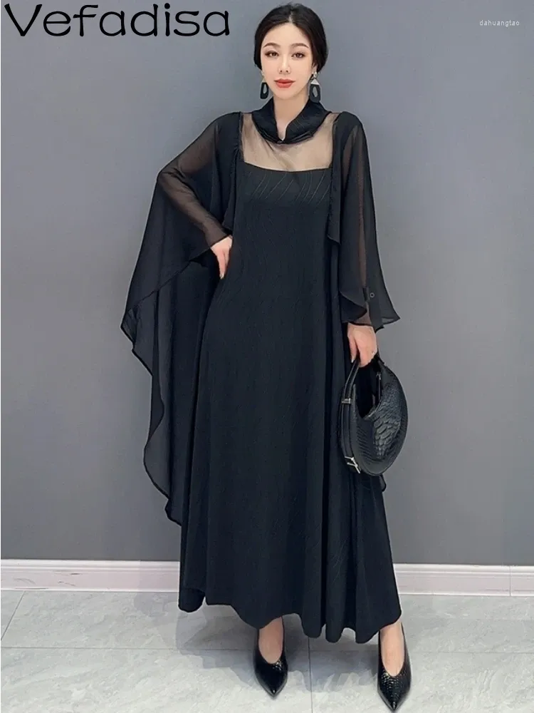 Robes décontractées Vefadisa2024 Femme d'été Robe noire Splicing Mesh grande jupe plissée Floud Trendy Girl ZY1087