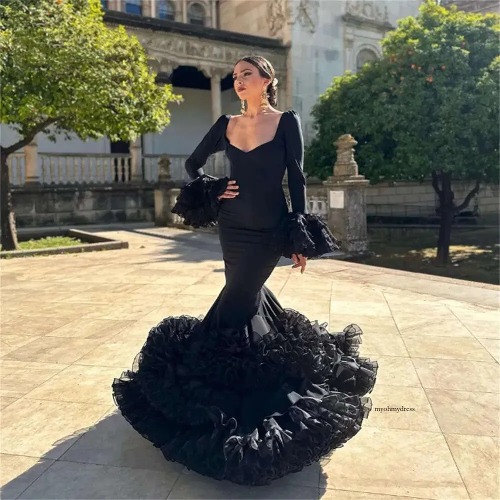 Costume de bal noir de flamenco espagnol sirène sirène à manches longues robe de soirée 2023 pour la cérémonie de soirée danseuse Gothic Robes 0431