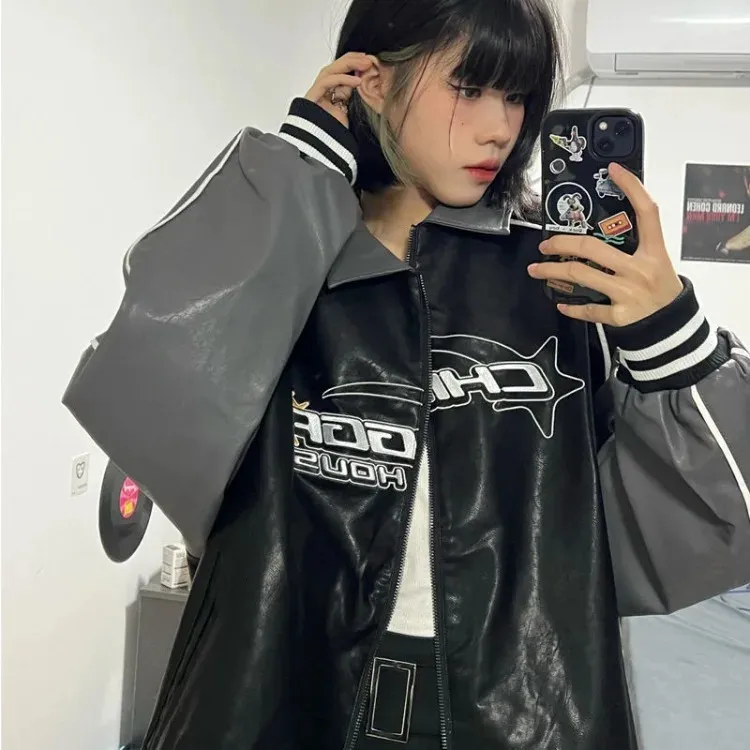 American Style Pat Patchwork Jackets Baseball Rua Bordado Casaco de Couro Mulheres Y2K Jaqueta de Manga Longa E-Girl Mujer 240428