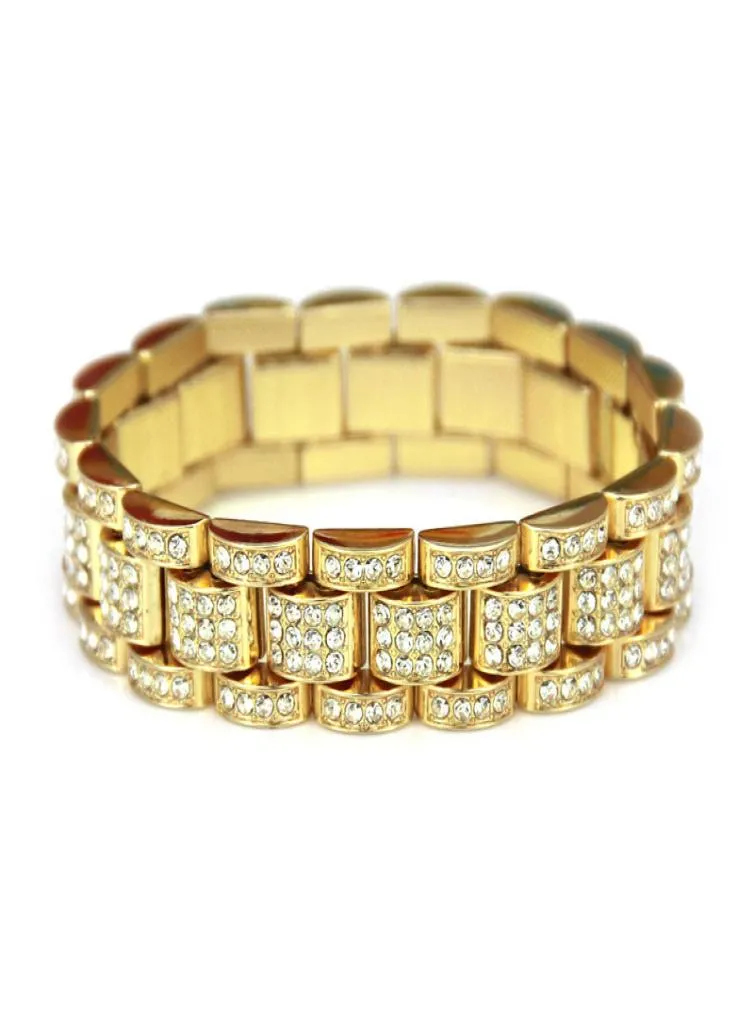 Solid Gold Silver Plated CUBAN LINK Shiny Diamond Bracelets Hip Hop Bling Fashion Jewelry Hipster Men Wristband Bangle6664108