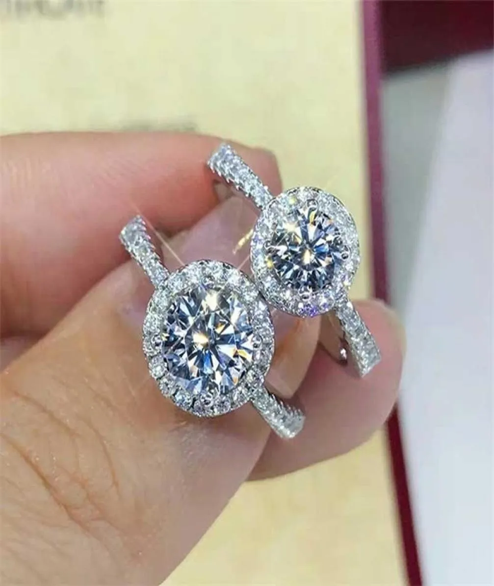 100 GRA Обручальные кольца Женские настоящие серебра стерлинга 2 CT Round Brilliant Diamond Halo Свадебные украшения 2202074999893