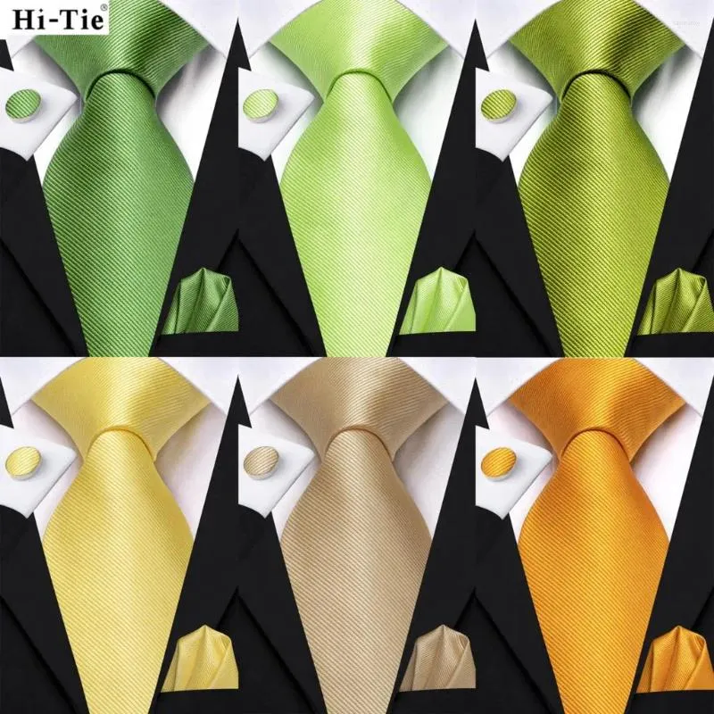 Bow Ties Hi-Tie Solid Green Orange Mens Fashion Necktie Handkerchief Cufflinks For Tuxedo Accessory Classic Silk Luxury Tie Man Gift