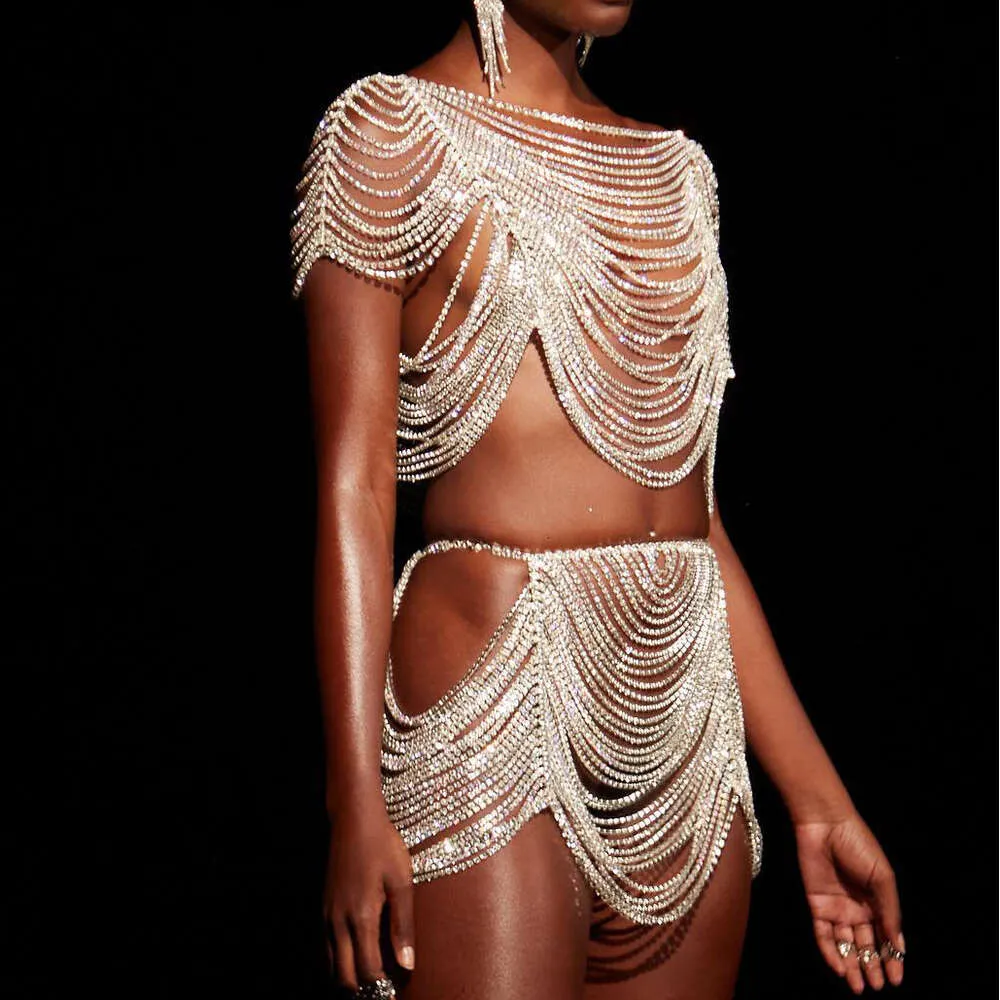 Kostuumaccessoires Luxe sexy Bling Rhinestone Set Fashion Nightclub Bikini Bra Body Chain Juwelier Party Accessoires Geschenk