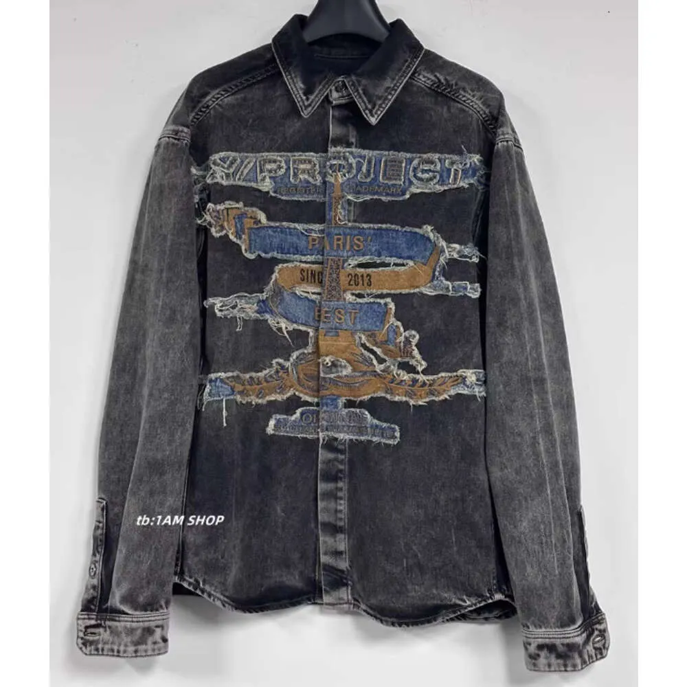 남자 재킷 Y/프로젝트 23FW 쇼 스타일 패치 자수 데님 재킷 재킷 가을과 겨울 씻고 손상된 긴 슬리브 셔츠