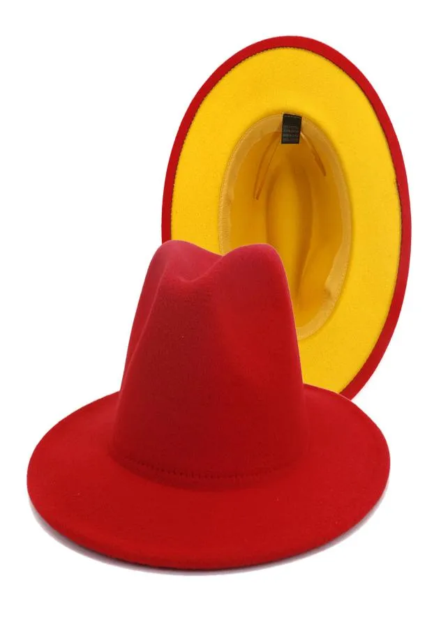 Qbhat Red Yellow Patchwork Wool Felt Panama Fedora Wide Brim Hat Flat Brim Top Jazz Cap pour femmes femmes hommes Men Casual Church Hat5659180