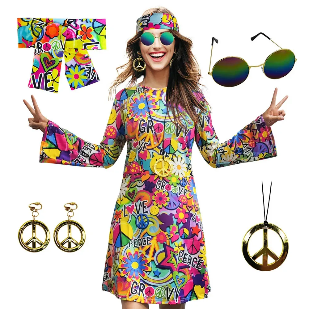 5pcs Conjunto 60s 70S Mulheres acessórios hippie de fantasia Hippie Disco Discos Halloween Boho Vestido hippie de queda 240415