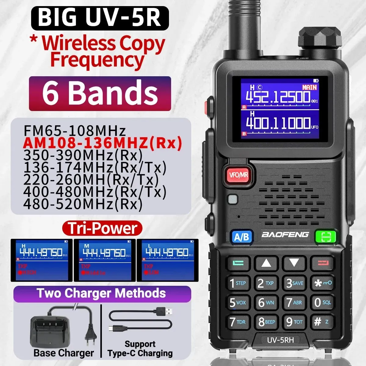 BAOFENG UV 5RH 10W BANDE FULLE WALKIE TALKIE COPIA WIRLESS FREQUENZA TYPE-C Caricatore UV Aggiornamento UV 5R Ham Radio 240430