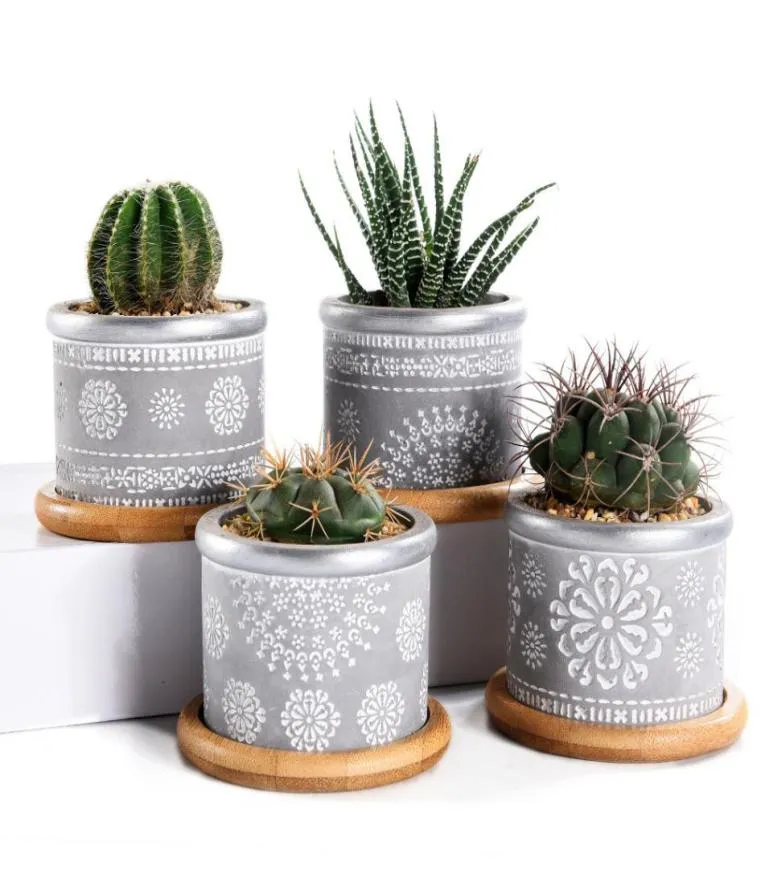 4in Conjunto de 295 polegadas suculenta plantador de cimento Potcactus Plant Pot Pot Pequena Caixa de Janelas de Herb Pequena de concreto com bambu Y200725039370