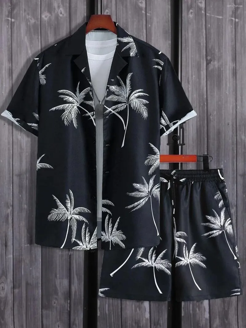 Men's Tracksuits Beach Coconut Tree Shirt Sets Oversized Hawaiian Suits 3d Print Plaid Short Sleeve Casual Shorts Streetwear