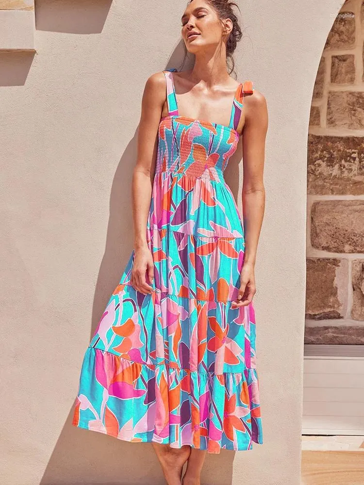 Casual Dresses Long Women's Printed Dress Bohemian Holiday Summer Italian Noodle Strap Beach Tank Top