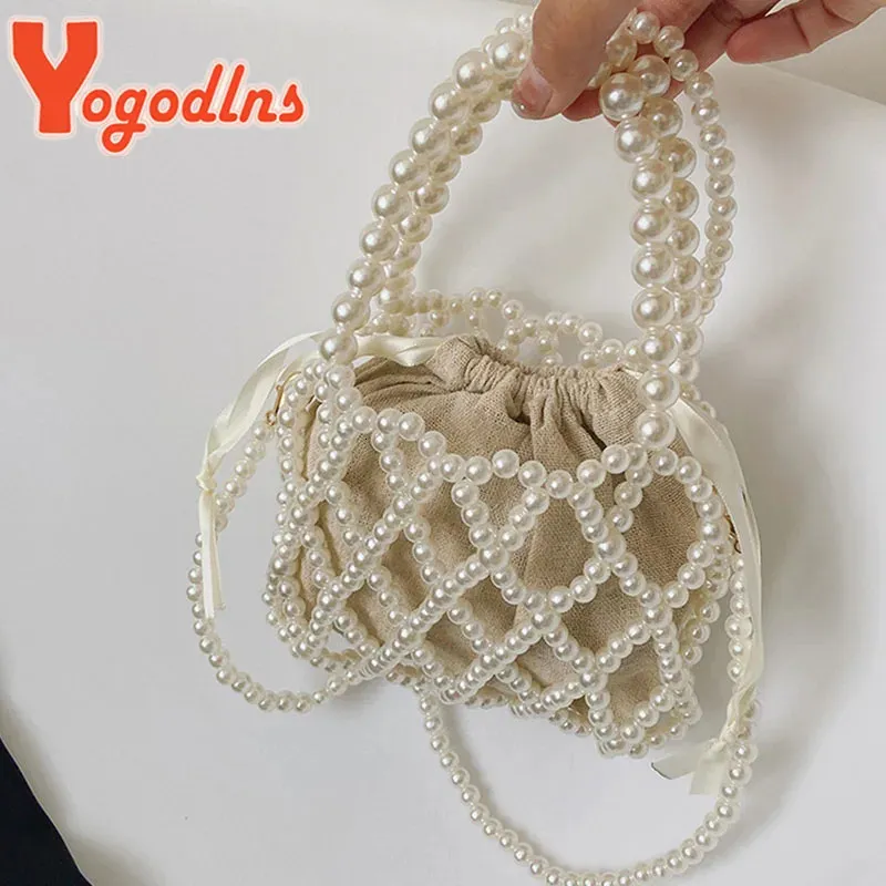 Yogodlns mini sac de perle femmes baquet baquet couvert de main de bobe tissé sac à main portefeuille sac à main dames épaule 240423