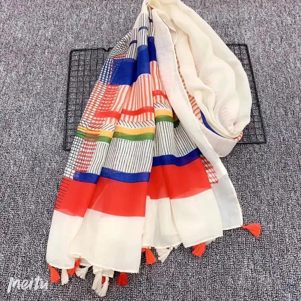 Moda feminina bohemian print viscose tassel big scarf bandanamuslim hijab plaid head scarf sjaal wrap ponchos and capes 240416