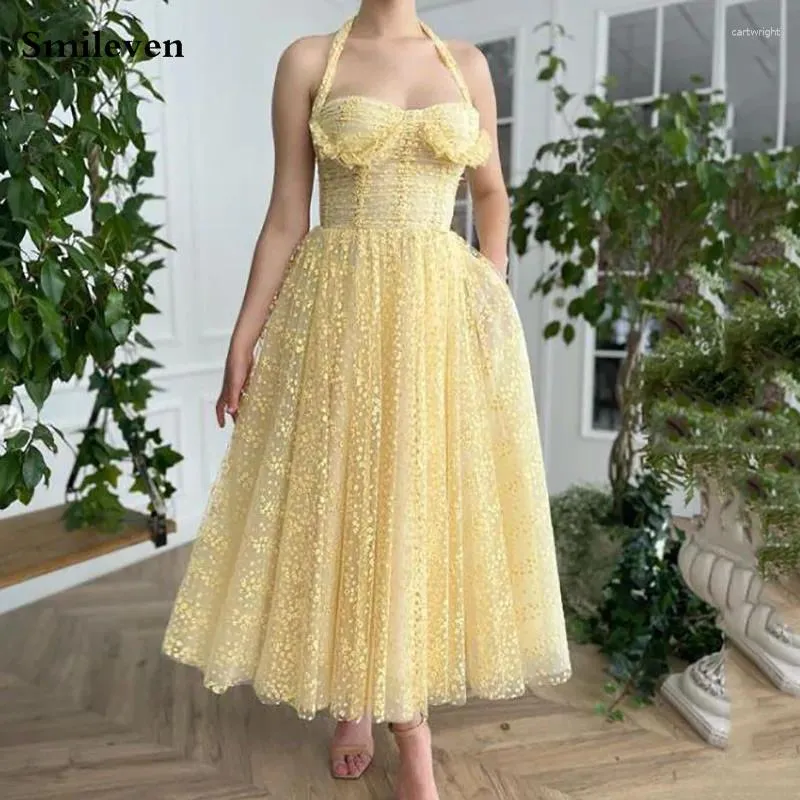 Party Dresses Smileven Yellow A Line Lace Prom Dress Halter Neck Ankle Length Evening Corset Graduation Gowns
