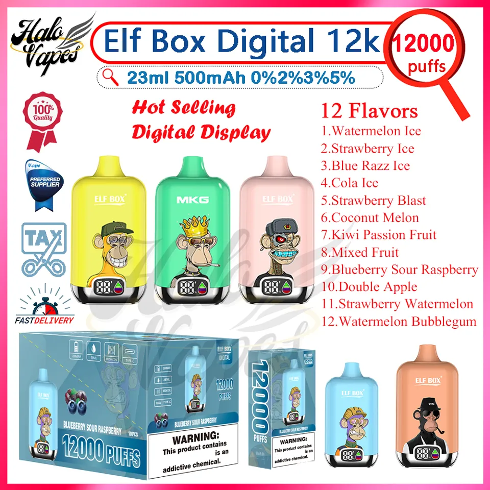 100% Original Elf Box Digital 12000 Puff Disponível E Cigarros 500 mAh Bateria recarregável 0% 2% 3% 5% 12 sabores em estoque Pushs 12k Vepa caneta