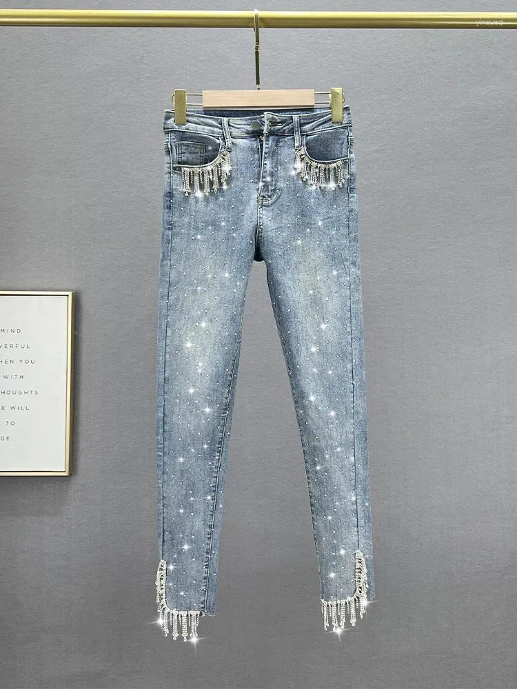 Jeans feminino shinestone borla 2024 primavera e verão elástica de cintura alta slim fit emagrece calças magras