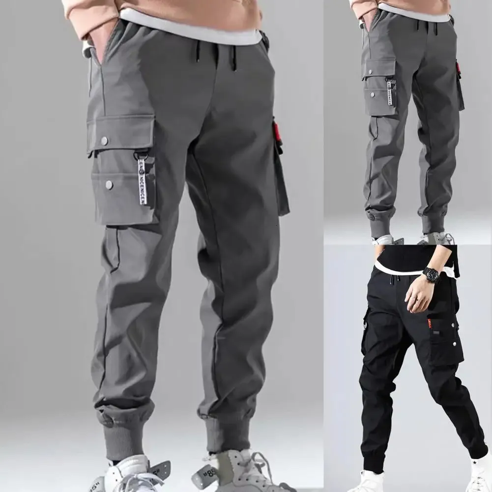 Autumn Men Pants Hip Hop Harem Joggers Pants Mane Trousers Mens Mens Solid Multi-Pocket Cargo Pants Skinny Fit Sweatpants 240429