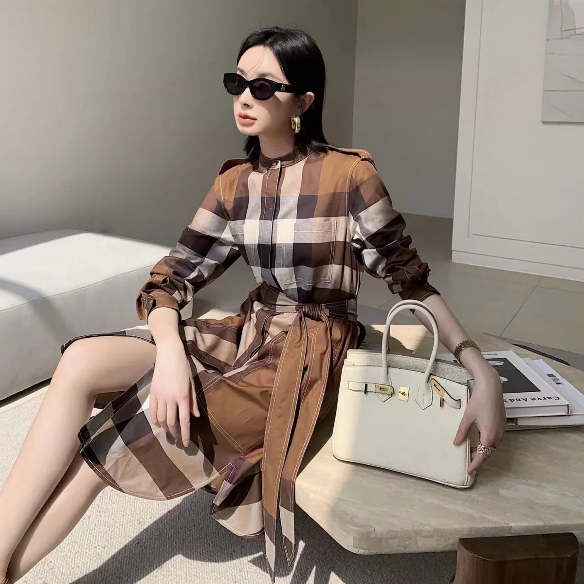 Save Big on Bulk Women S Plaid Skirt High Quality Women's Plaid Skirt  Poplin Cotton Dress Summer New Plaid Skirt Mid Length Women's Skirt Stand  Collar