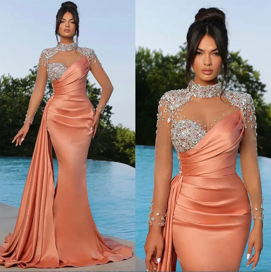 Élégant corail sirène robes de soirée perle perle colle de fête robe de bal illusion à manches longues plies robe longue pour une occasion spéciale