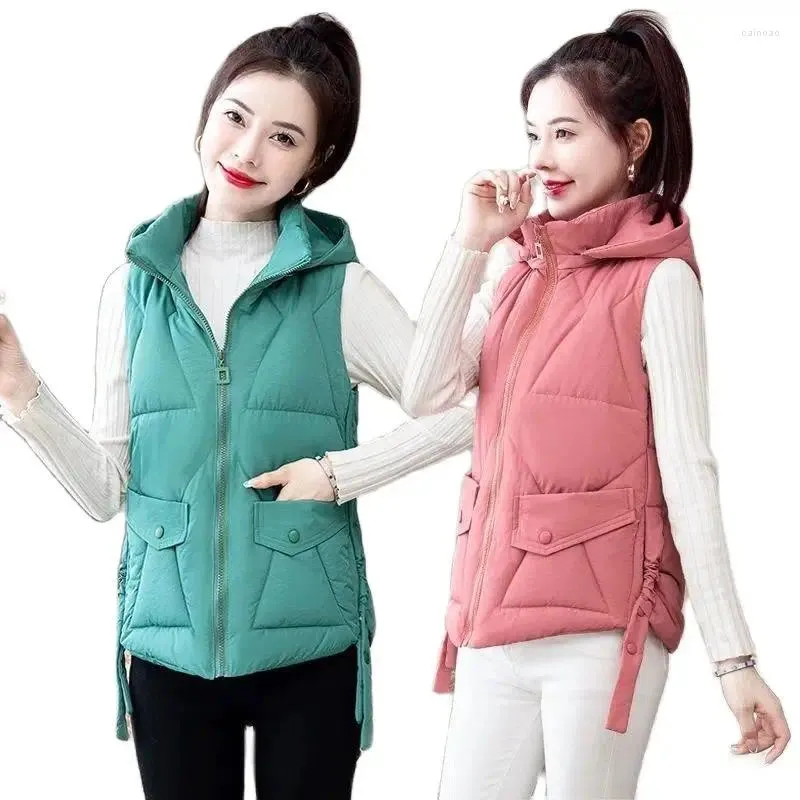 Women's Vests 2024 Korean Version Short Down Cotton Vest Female Autumn Winter Parka Hooded Sleeveless Keep Warm Add Thick Ladies Jacket