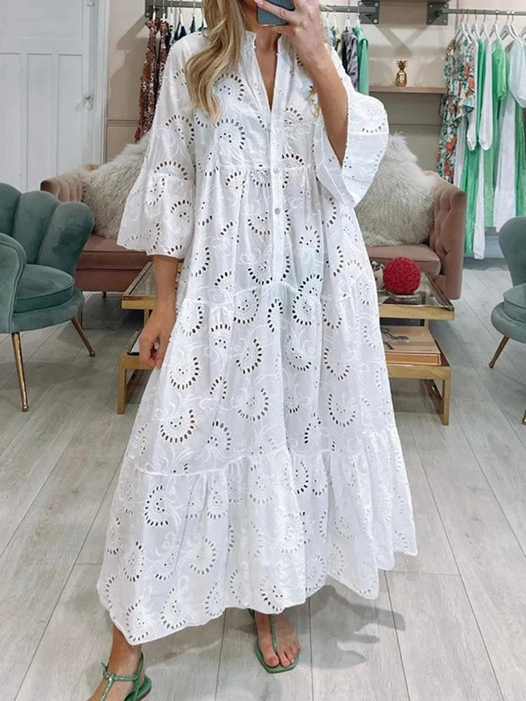 Casual Dresses White Oversized Dress Women Hollow Out Long Female Solid V Neck Flare Sleeve Beach Party Maxi