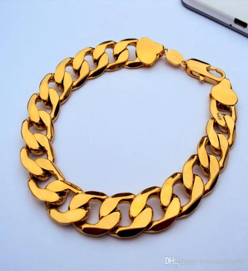 24k gf tampon jaune réel or 9quot 12 mm Bracelet Bracelet Curb Chain Link Bijoux 100 Real Gold pas le vrai or Not Money5368904